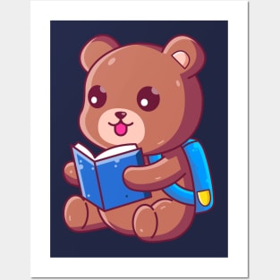 Cute School Brown Bear Reading Book Posters and Art